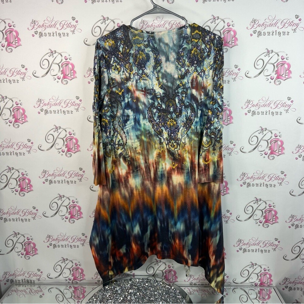 ONE WORLD dress assymetrical hem fairy rhinestone Embellishments tie dye floral - Picture 2 of 15